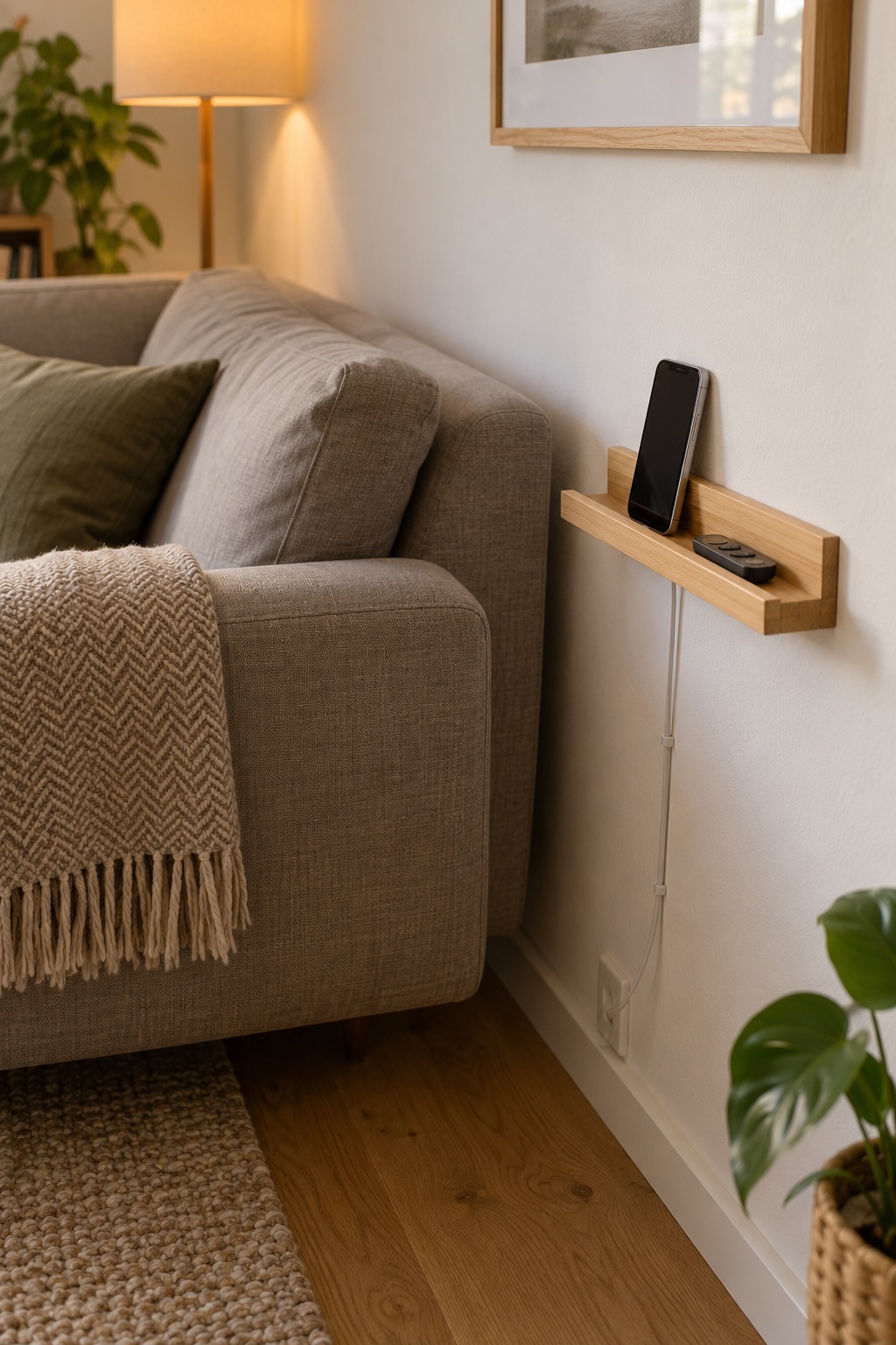 Sehr schmale Bambus-Wandleiste mit aufrecht angelehntem Smartphone neben dem Sofa