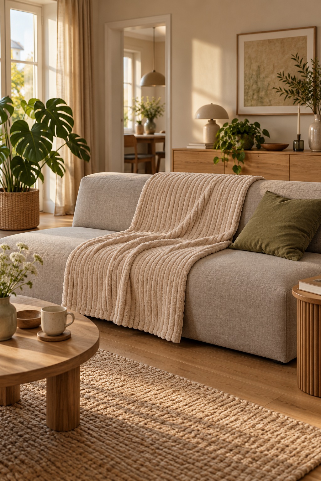 Beige gerippte Fleecedecke locker über der Sitzfläche eines greigen Schlafsofas