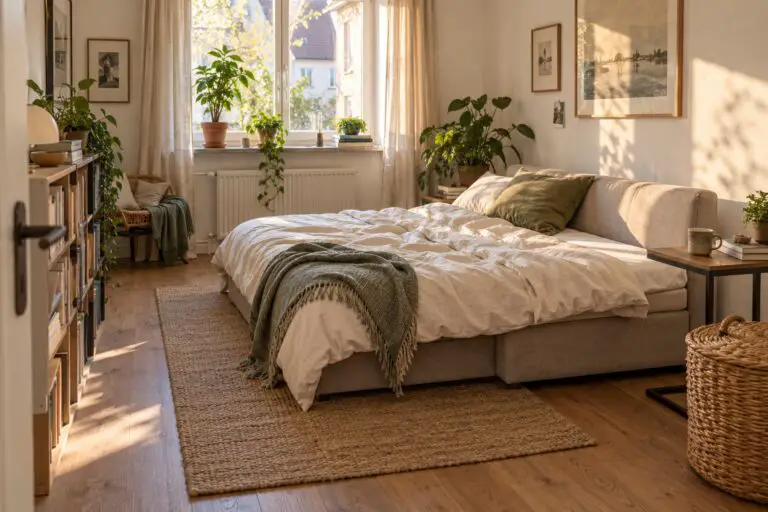 Kleines Wohnzimmer mit geöffnetem Schlafsofa für die Nacht