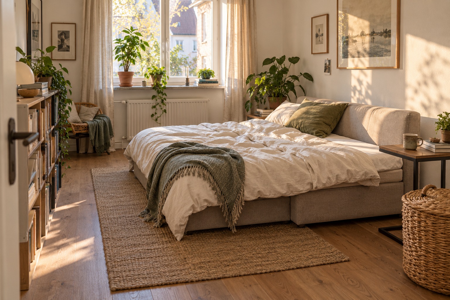 Kleines Wohnzimmer mit geöffnetem Schlafsofa für die Nacht