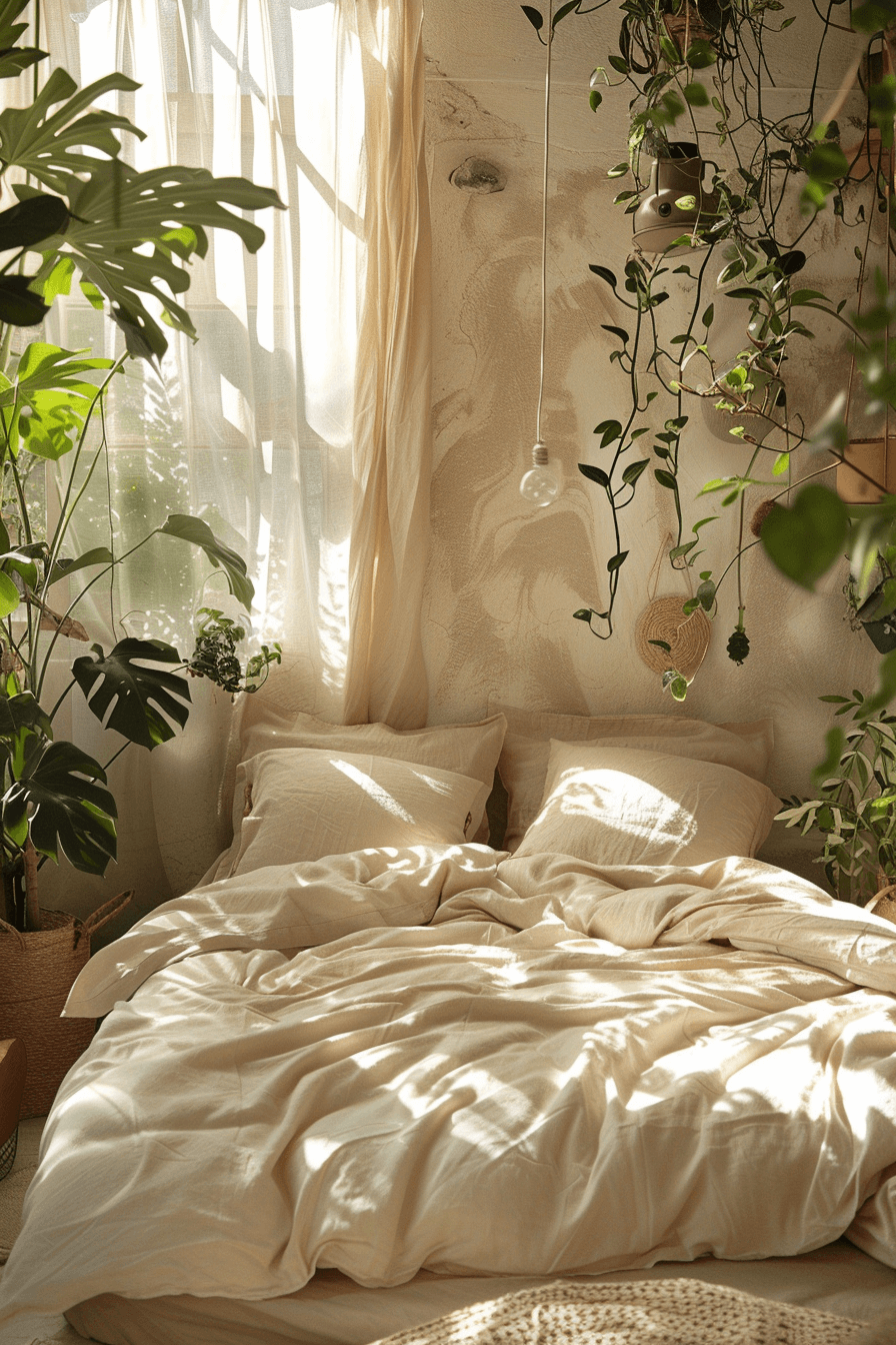 schlafzimmer beige mit pflanzen