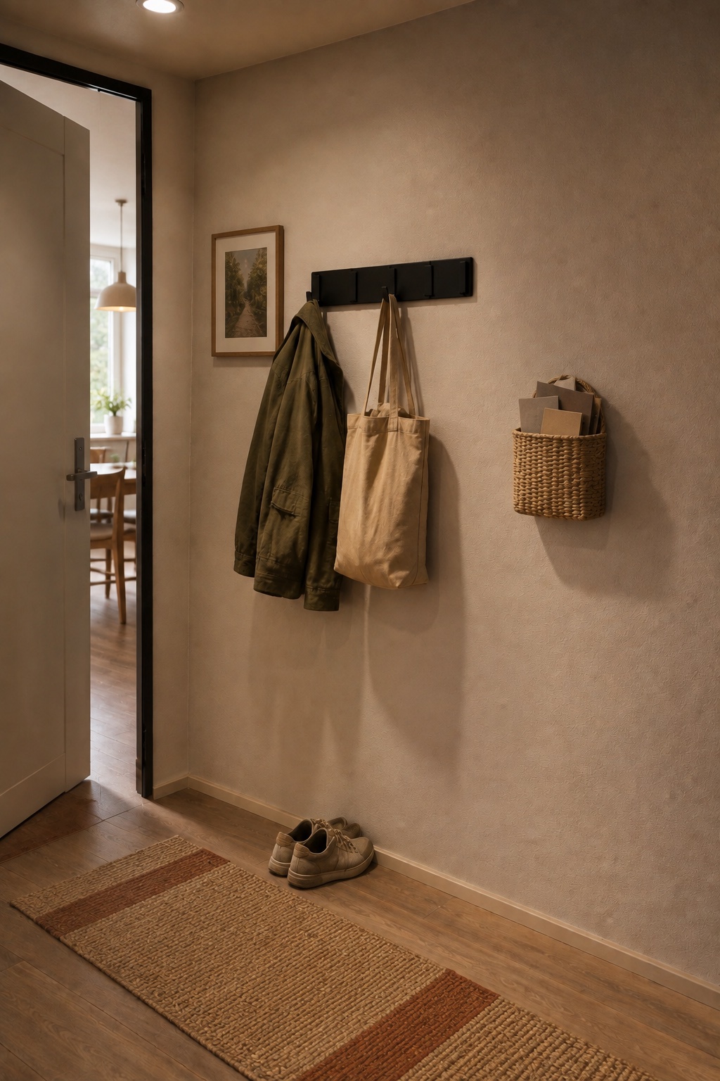 Schwarze klappbare Wandhaken mit Jacke und Stofftasche neben der Wohnungstür