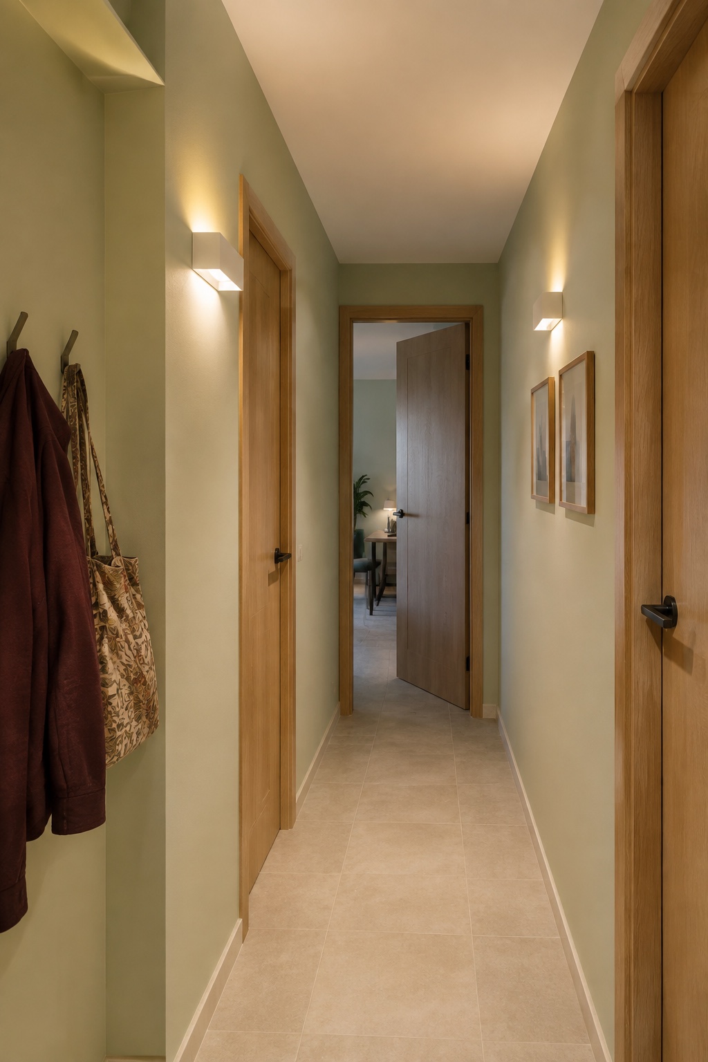 Schmaler Neubauflur mit hellen salbeigrünen Wänden, Eichenholztüren und zwei warmweißen Wandleuchten