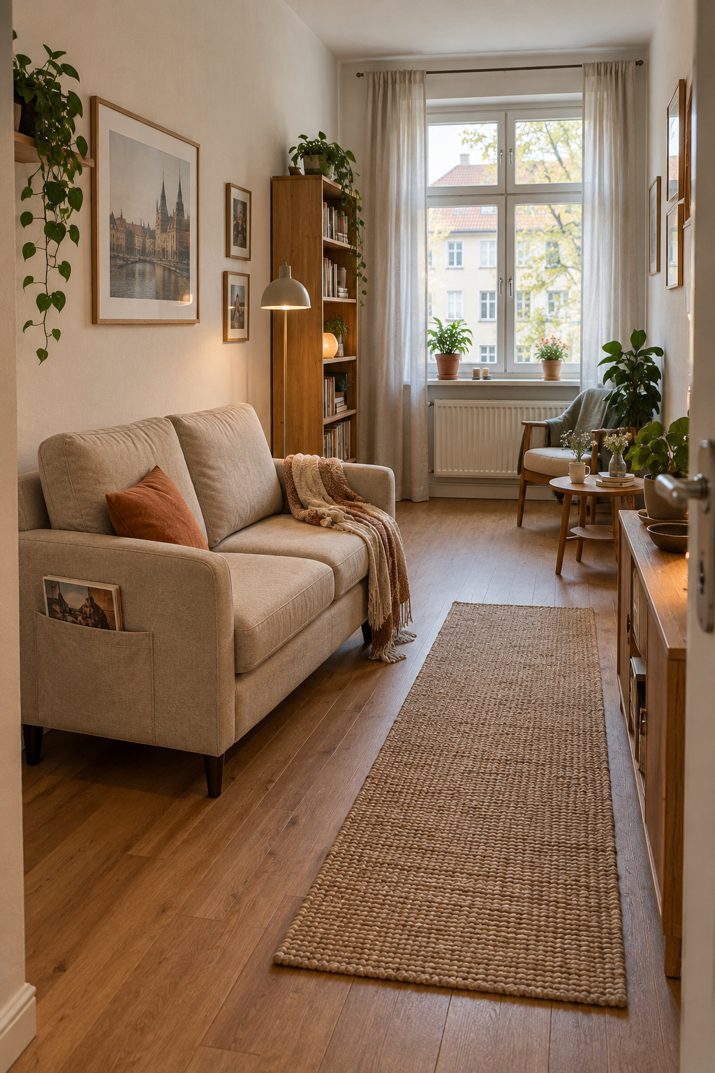Kompaktes beiges Zweisitzer-Sofa an einer langen Wand mit freiem Weg zum Fenster