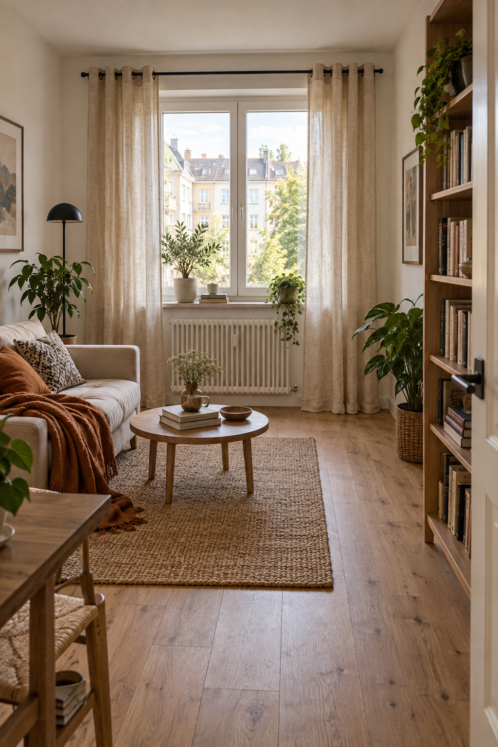 Beige Ösenvorhänge rahmen das Fenster am Ende eines schmalen Wohnzimmers ein