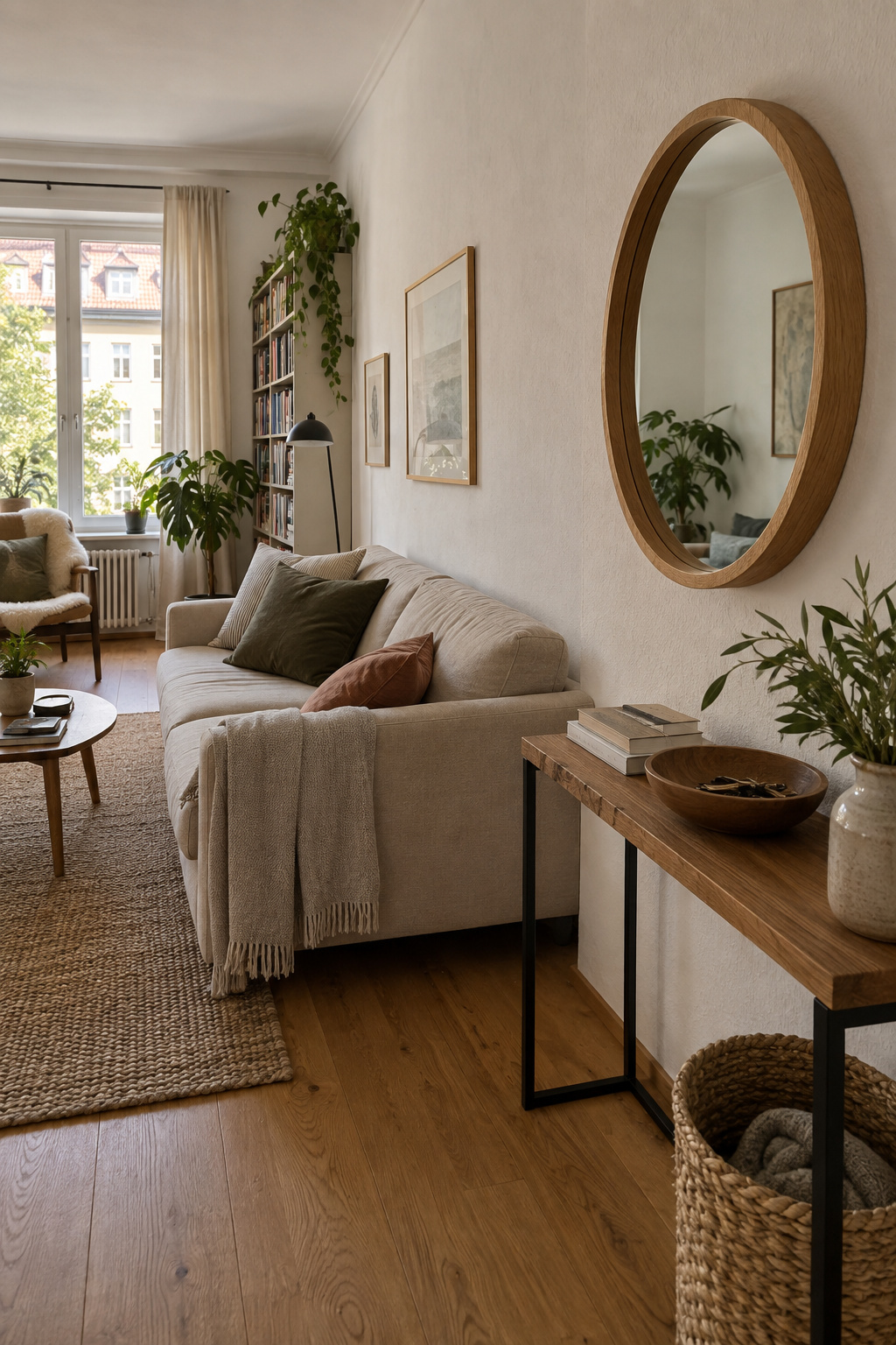 Runder Spiegel mit breitem Holzrahmen neben dem Sofa an der langen Wohnzimmerwand