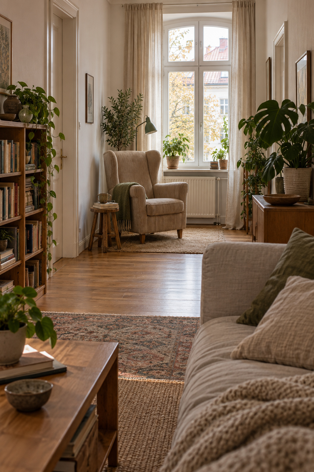 Beigefarbener Cord-Ohrensessel mit Buch und kleinem Beistellhocker am Fenster