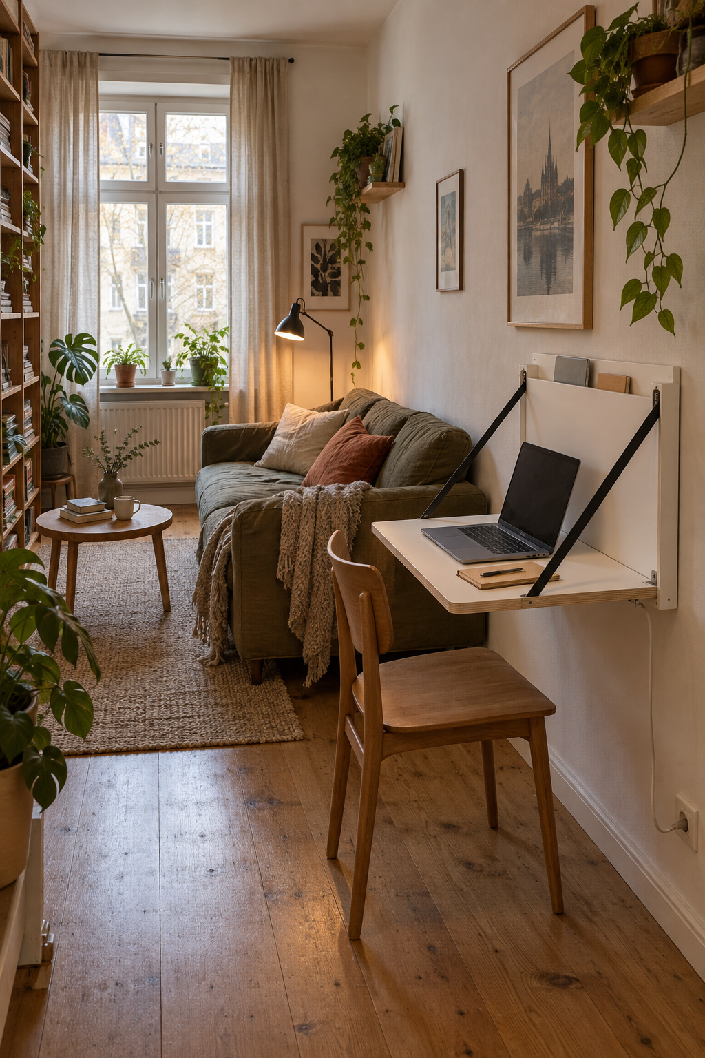 Weißer Wandklapptisch mit Holzrändern, zwei schwarzen Stützriemen und einem Laptop
