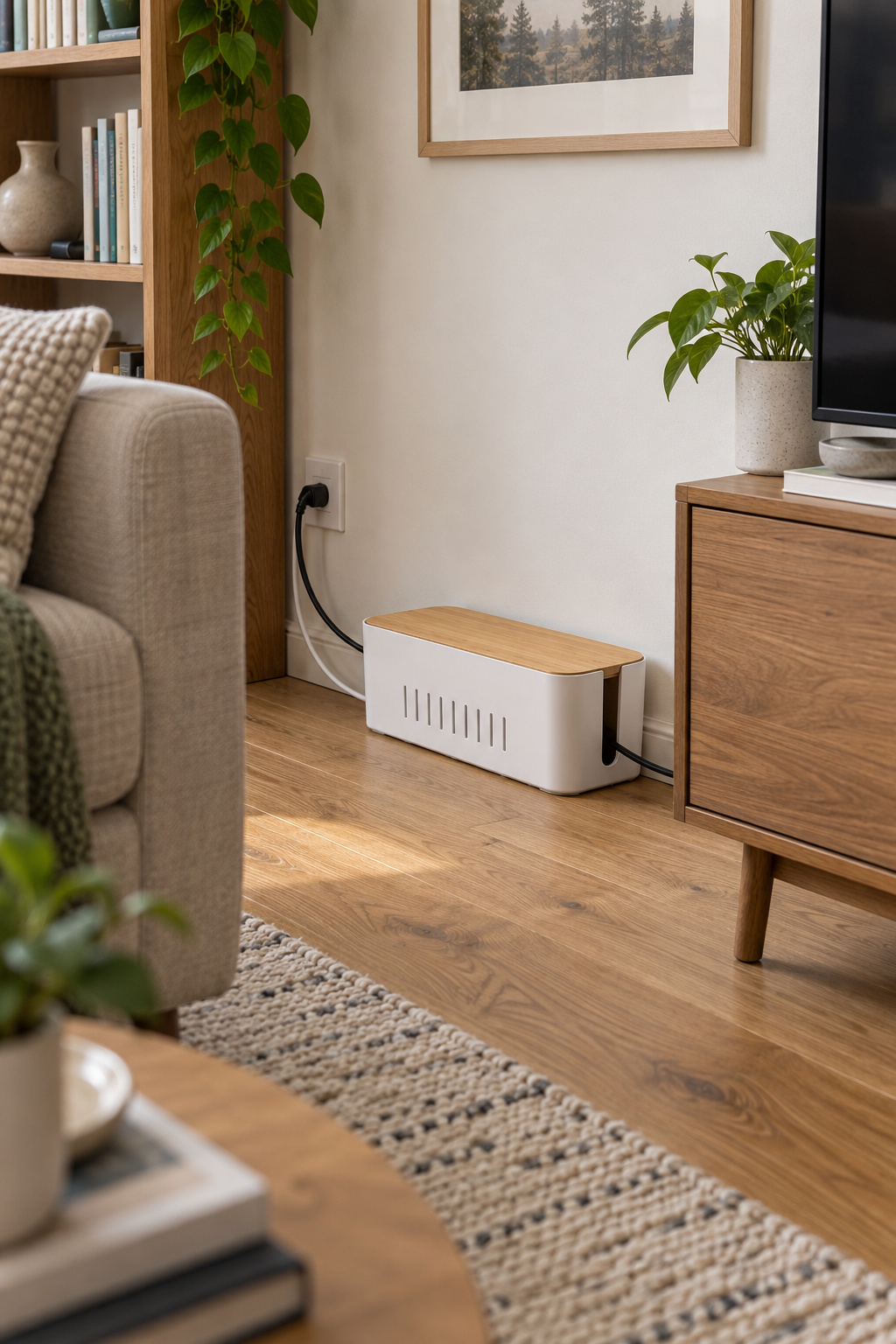 Weiße Kabelbox mit Bambusdeckel an der Fußleiste neben einem TV-Möbel