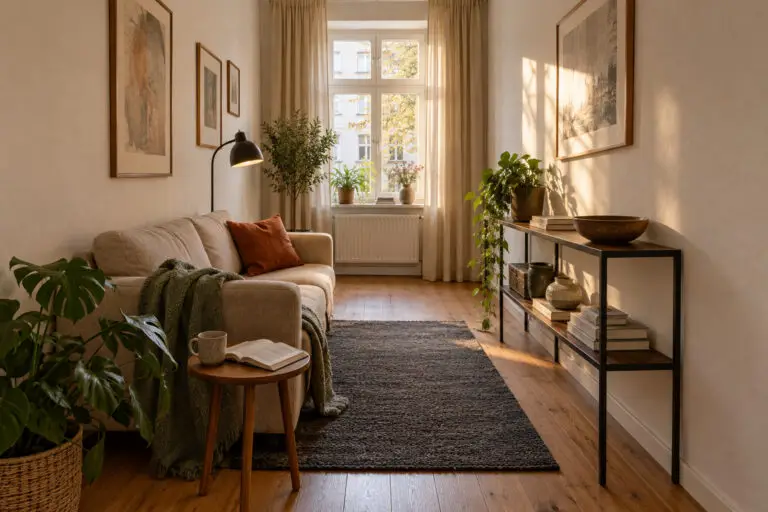 Schmales gemütliches Wohnzimmer mit beigem Sofa, flacher Konsole und freiem Weg zum Fenster