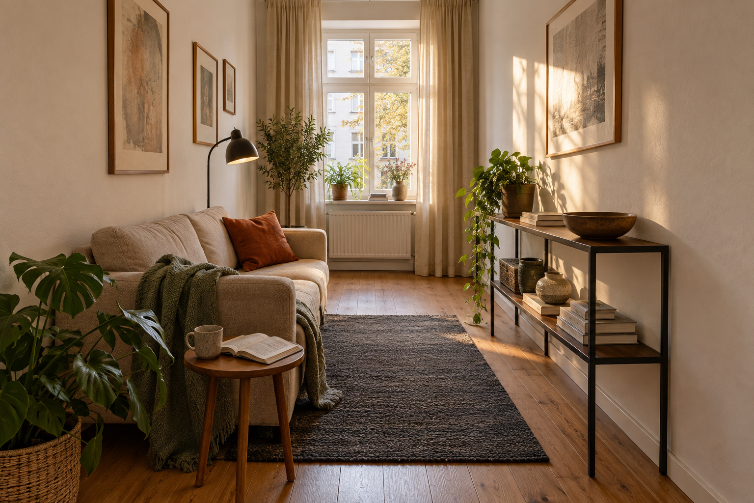 Schmales gemütliches Wohnzimmer mit beigem Sofa, flacher Konsole und freiem Weg zum Fenster