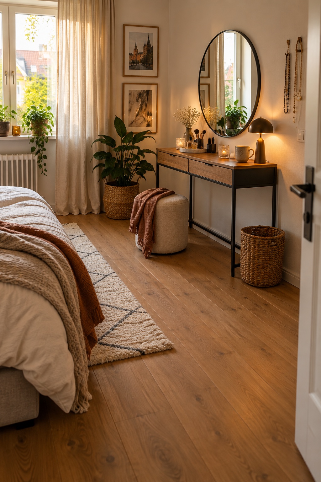 Schmale Konsole als gemütlicher Schminktisch in einem kleinen bewohnten Schlafzimmer