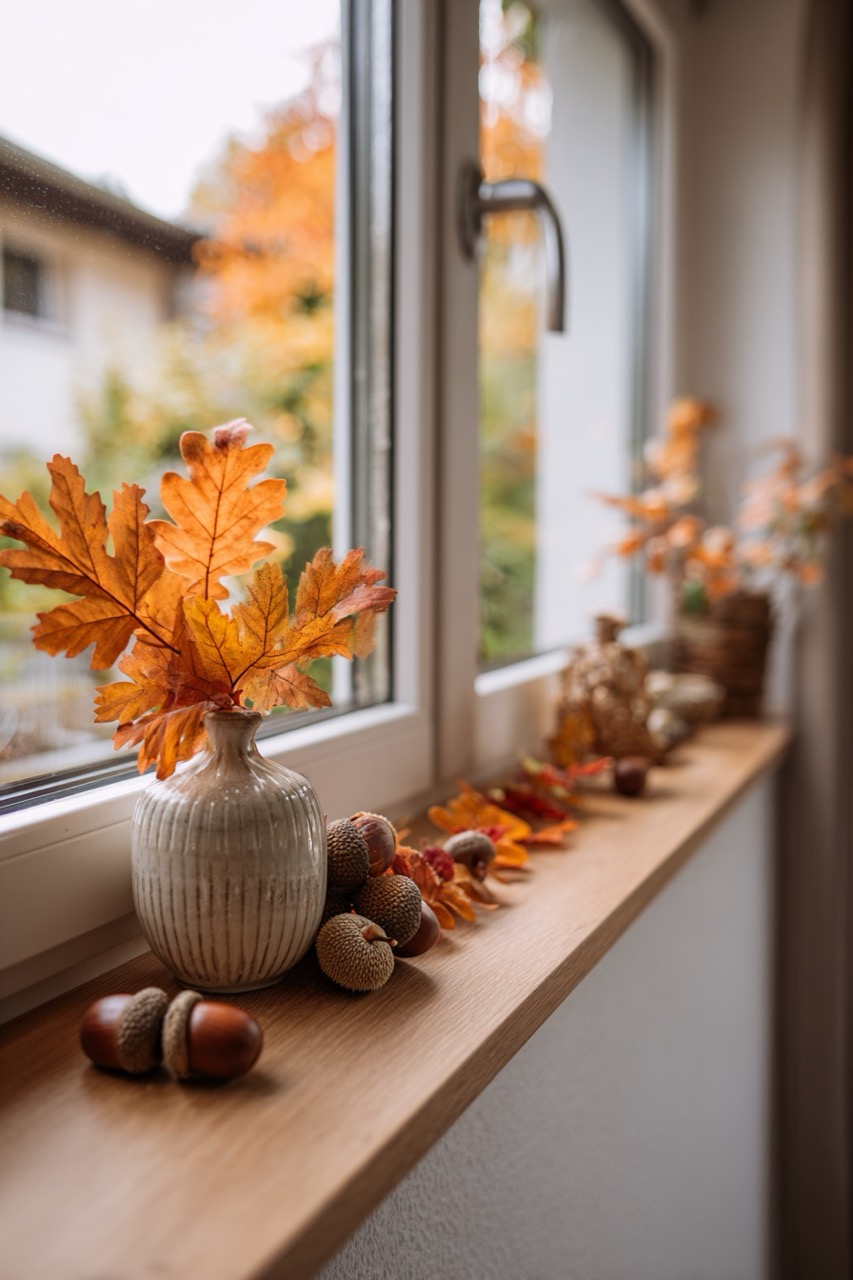 Schmücke die Fensterbank mit Kastanien und Eicheln