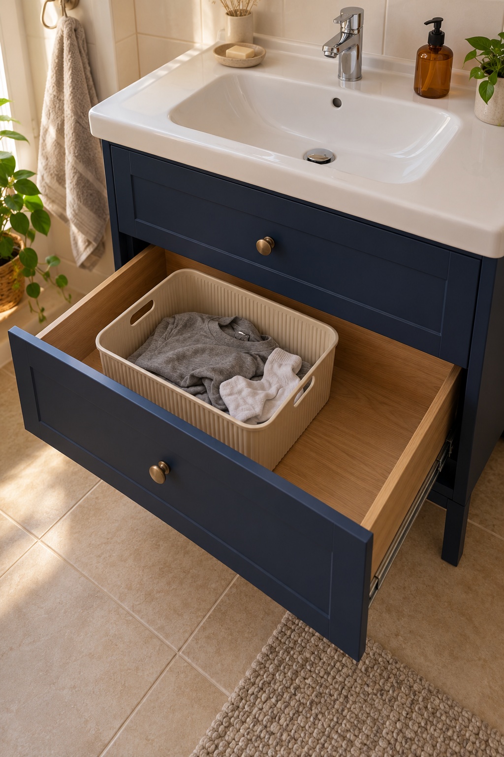 Beige Kunststoffbox mit getragenen Shirts in einem geöffneten Badschrankauszug