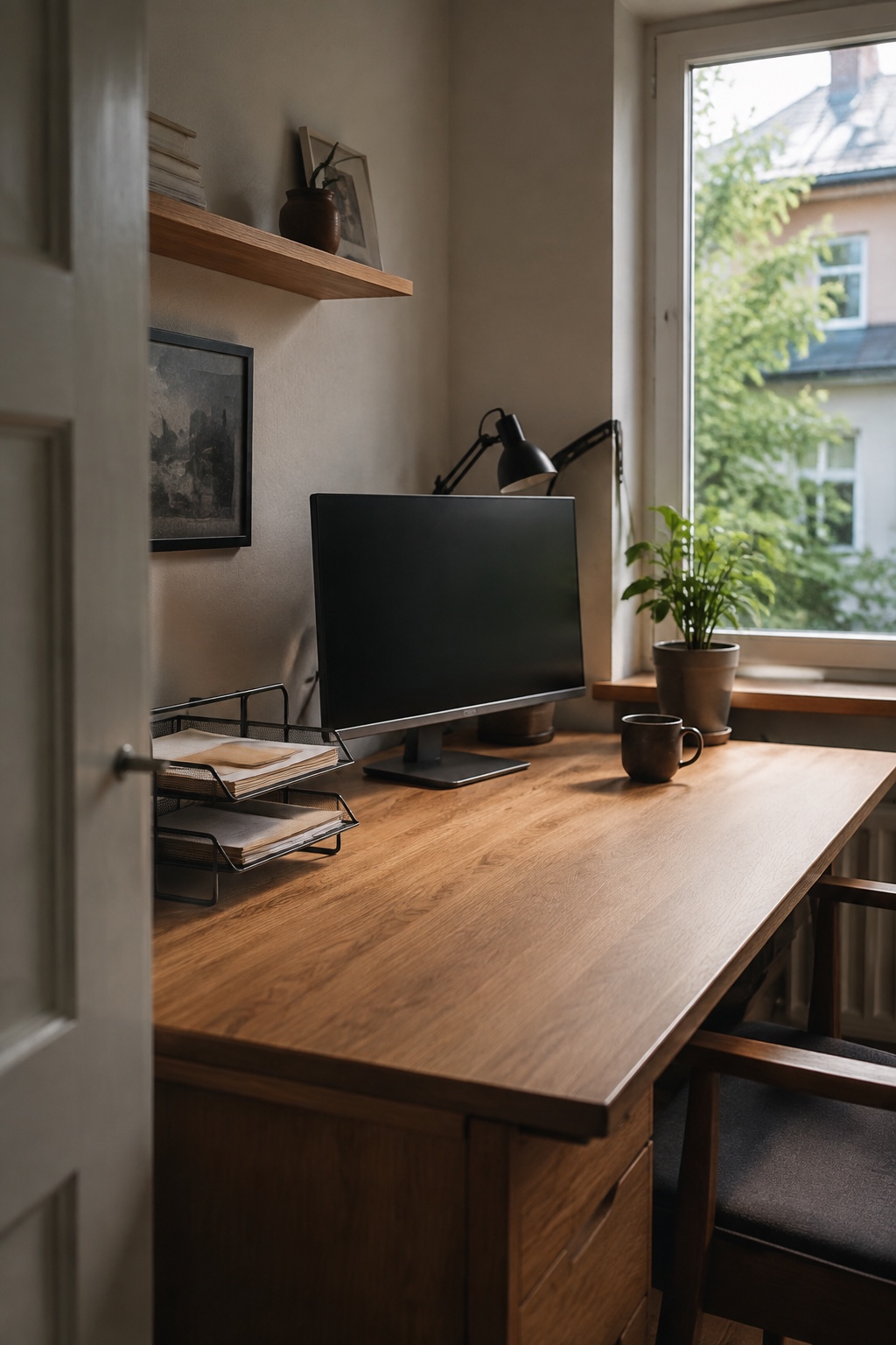 Zweistöckige Briefablage mit wenigen Papieren auf einem Holzschreibtisch