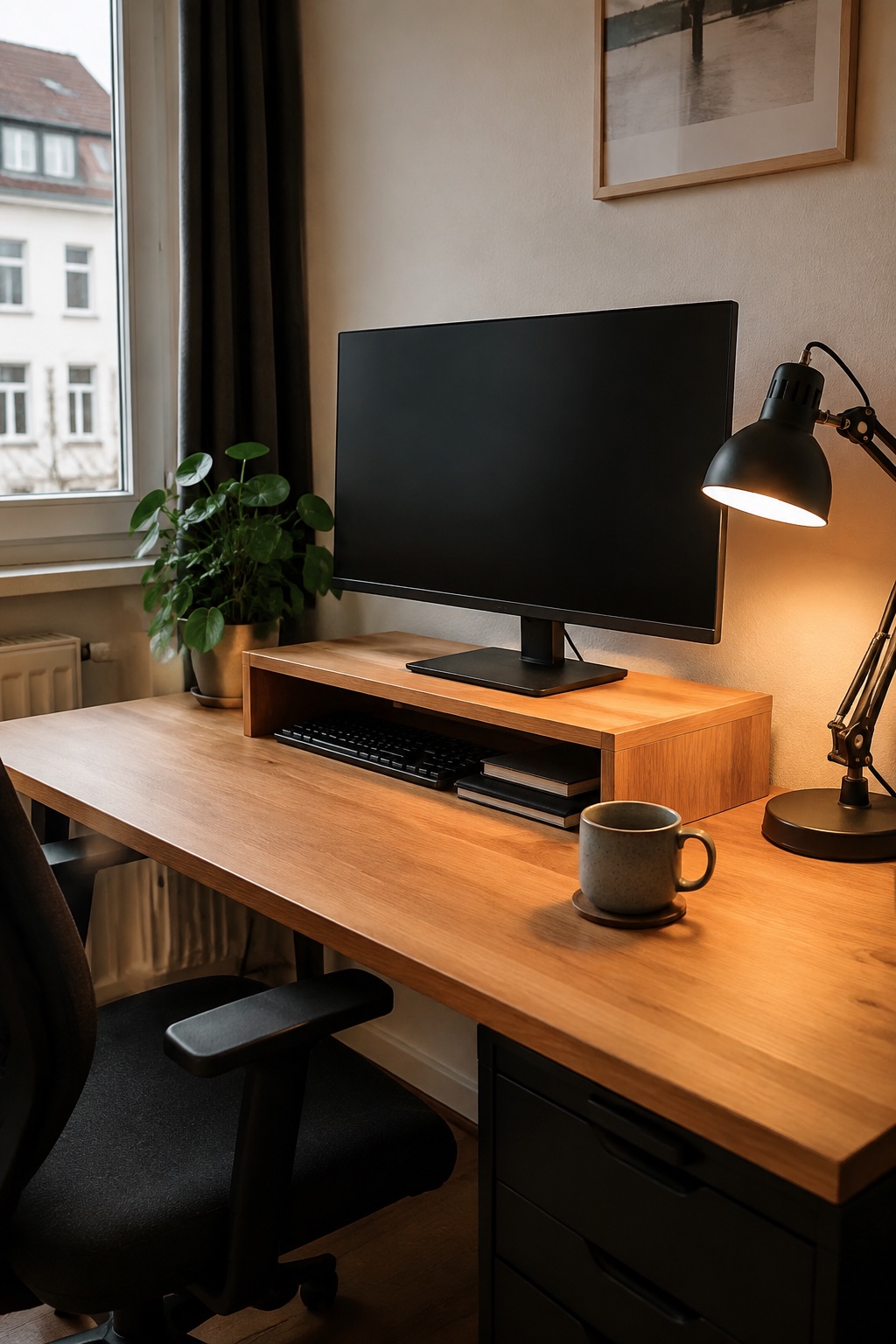 Monitor auf einem niedrigen Bambusständer mit Tastatur darunter