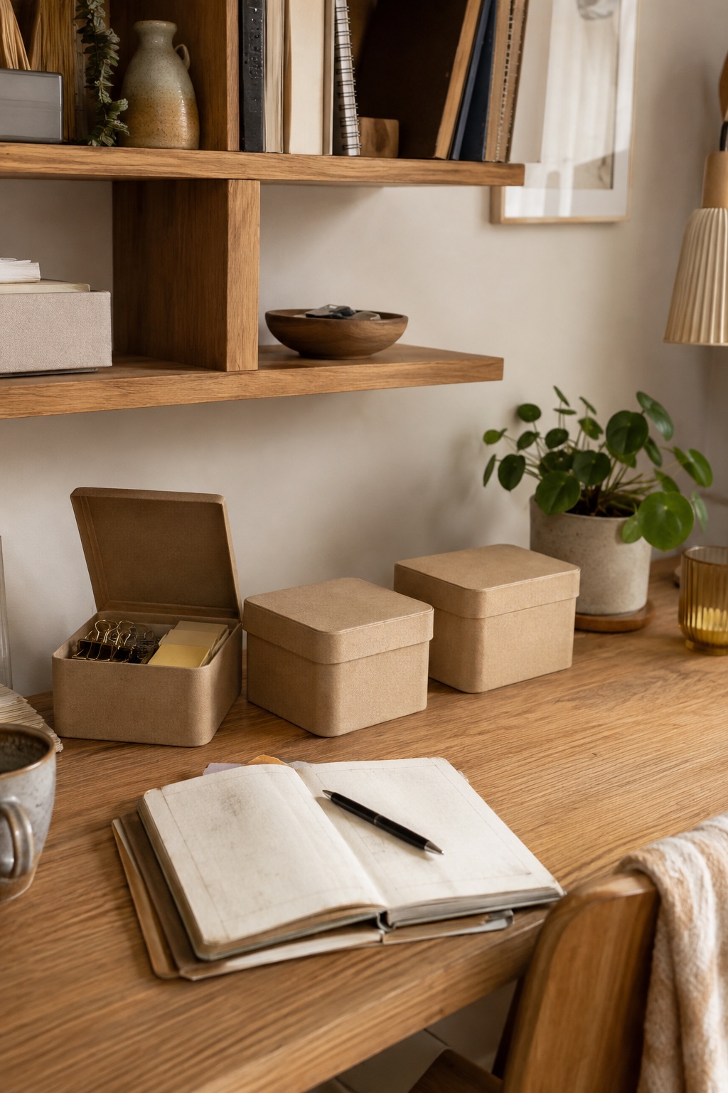 Zwei schlichte Boxen mit Deckel auf einem Regal über dem Schreibtisch