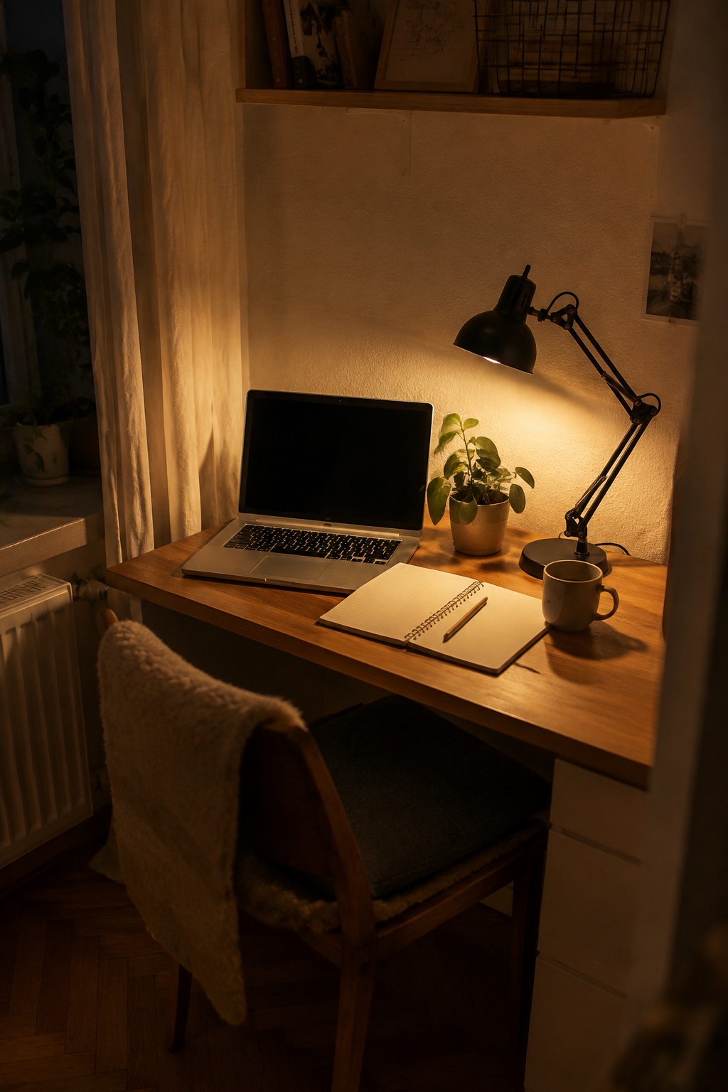 Dimmbares warmes Arbeitslicht auf einem wohnlichen Schreibtisch