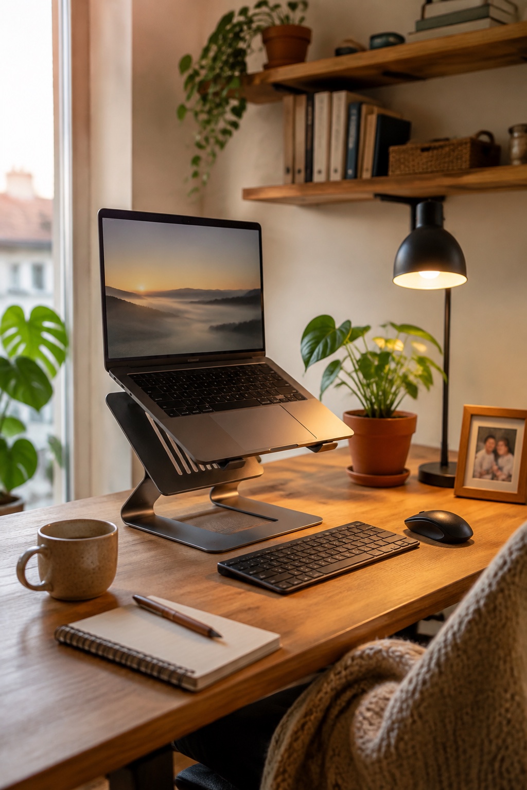 Laptop auf einem schlichten Bambusständer neben dem Monitor