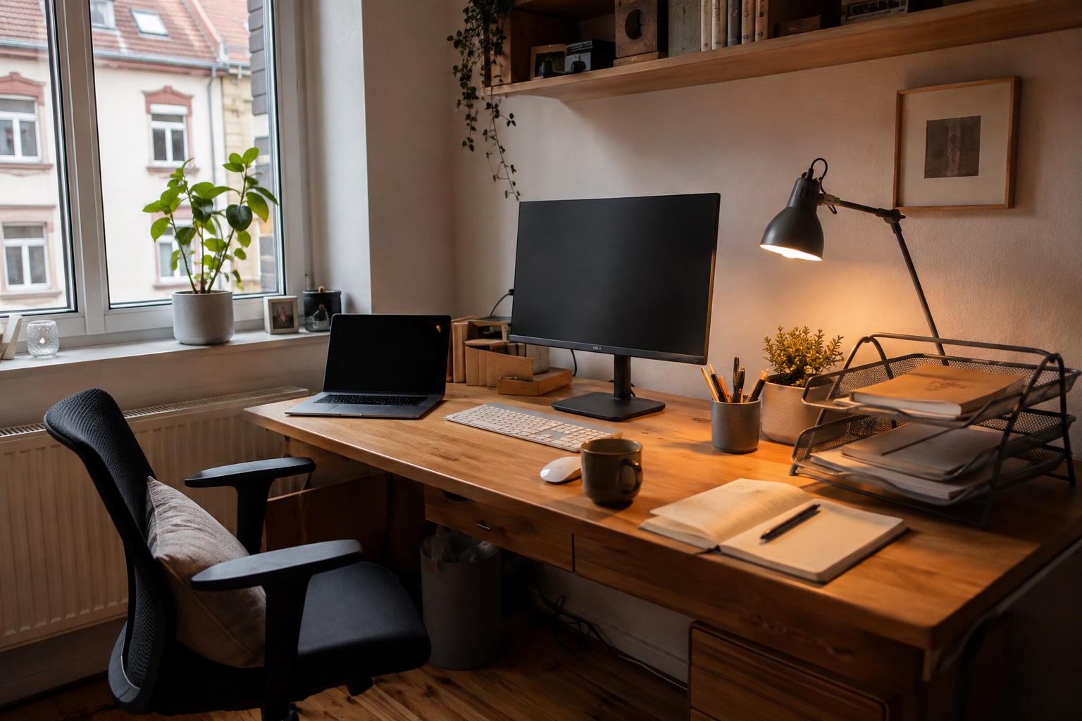 Wohnlicher organisierter Schreibtisch mit warmem Holz, Tageslicht und persönlichen Details