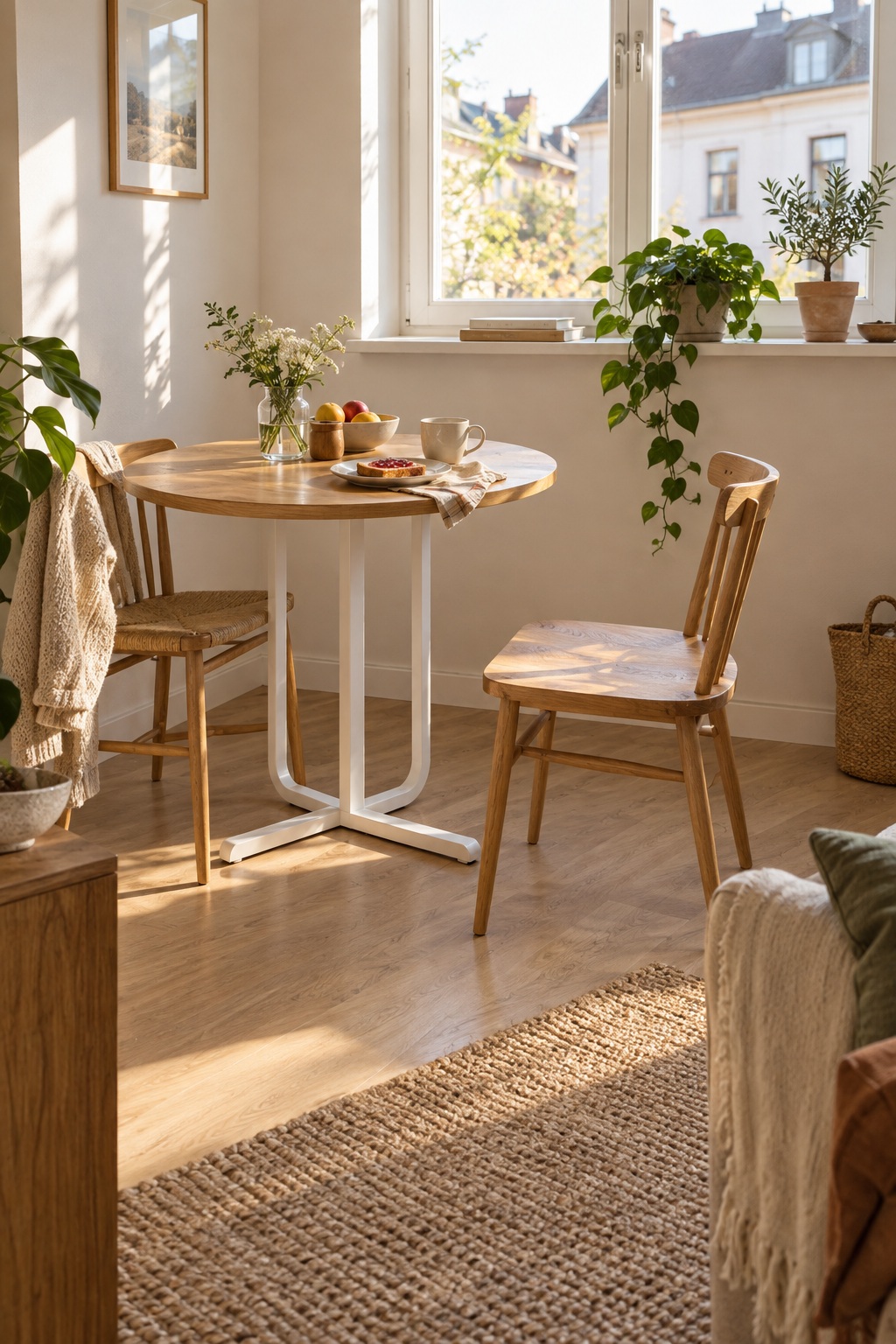 Kleiner runder Tisch mit heller Holzplatte und weißen Metallbeinen am Fenster
