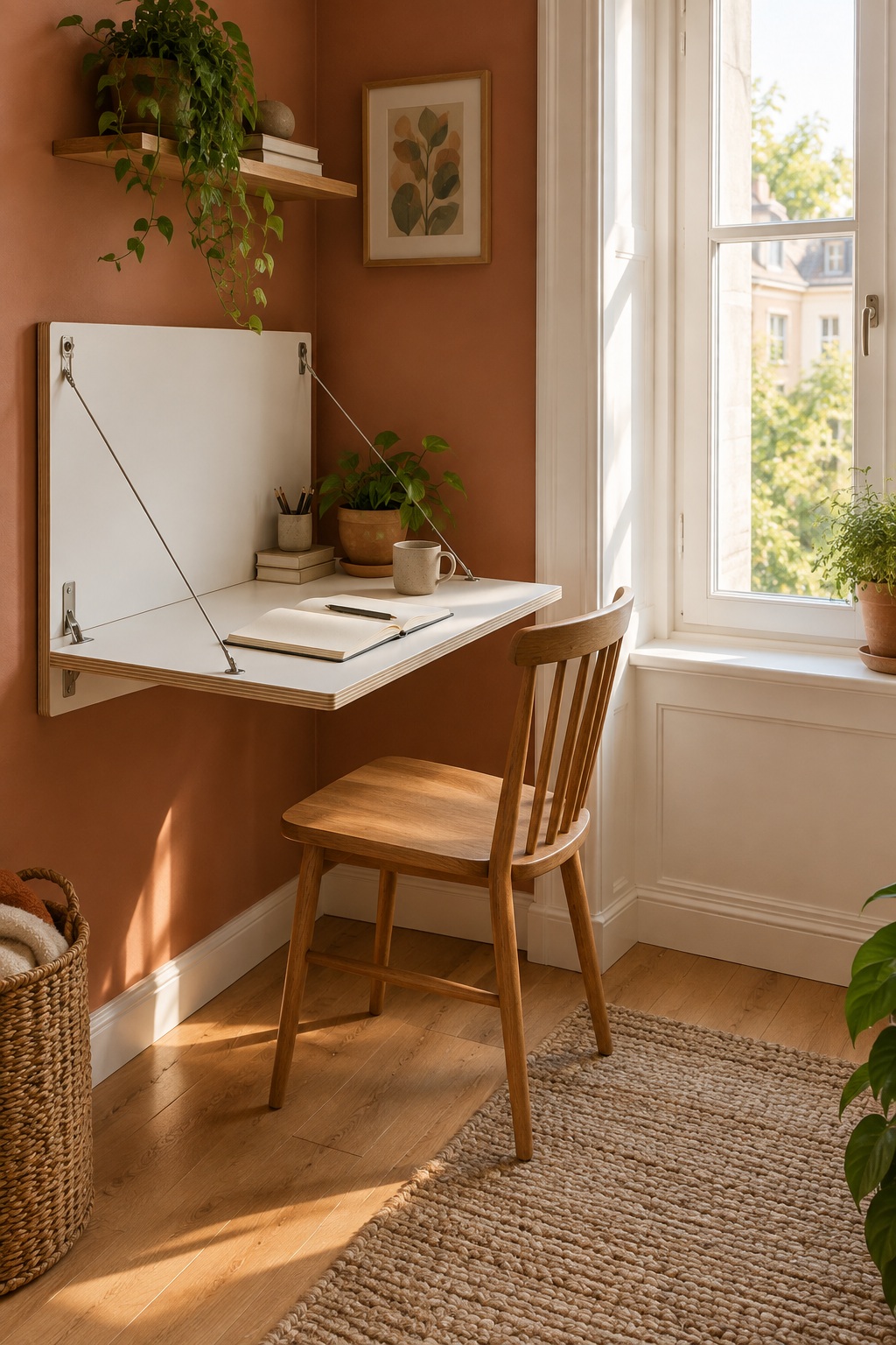 Weißer Wandklapptisch mit zwei Seilen seitlich neben einem Fenster