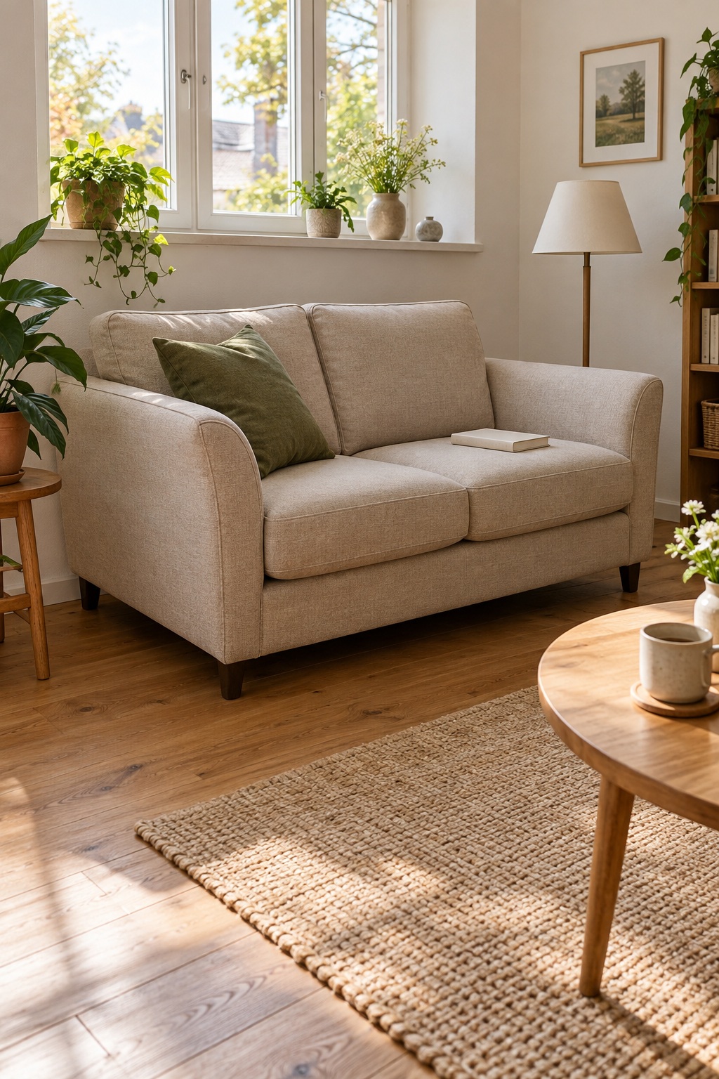 Kompaktes beiges Zweisitzer-Sofa unter einer hohen Fensterbank