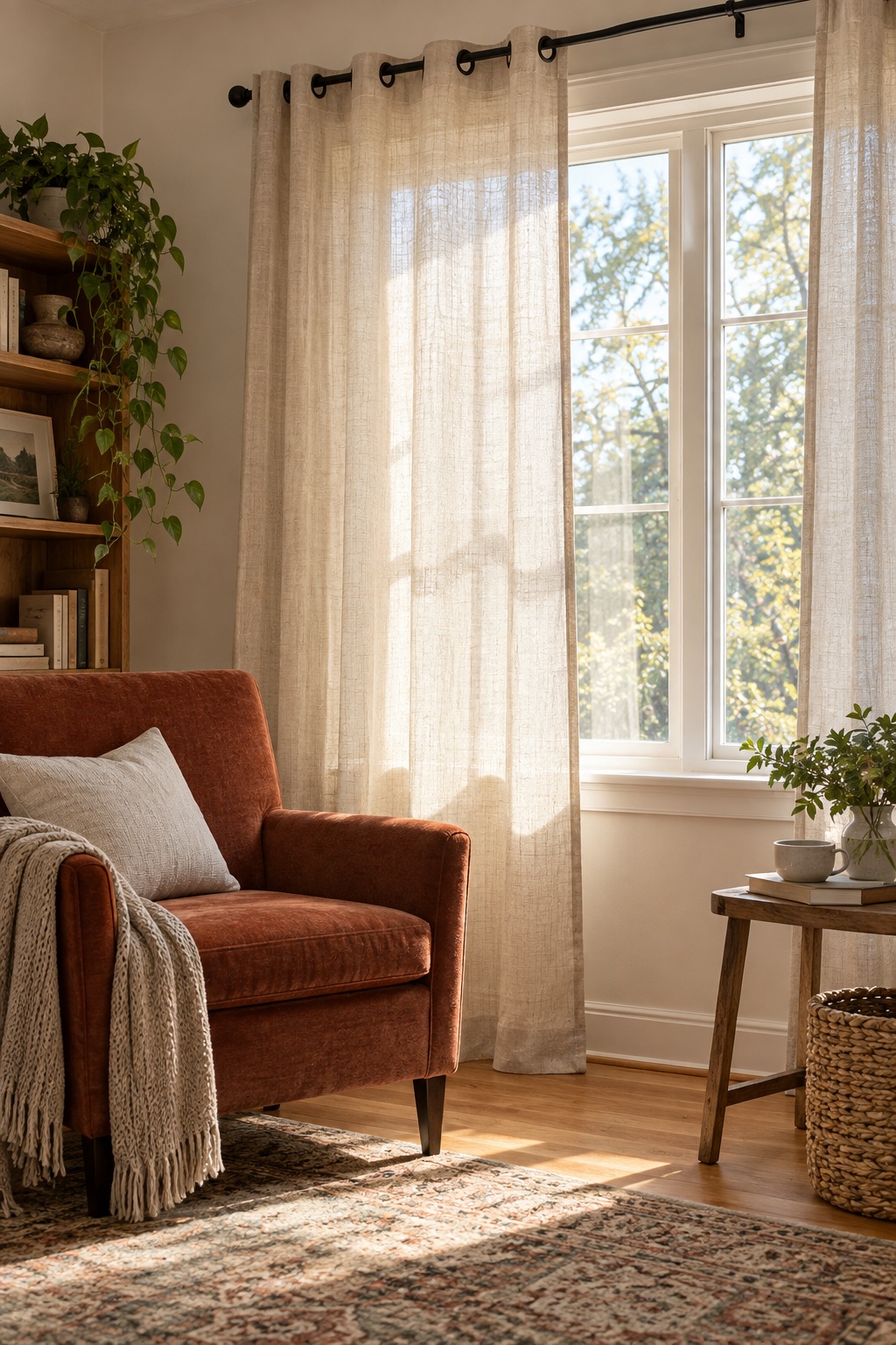 Helle halbtransparente Vorhänge vor einem Fenster mit gemütlichem Sitzplatz daneben