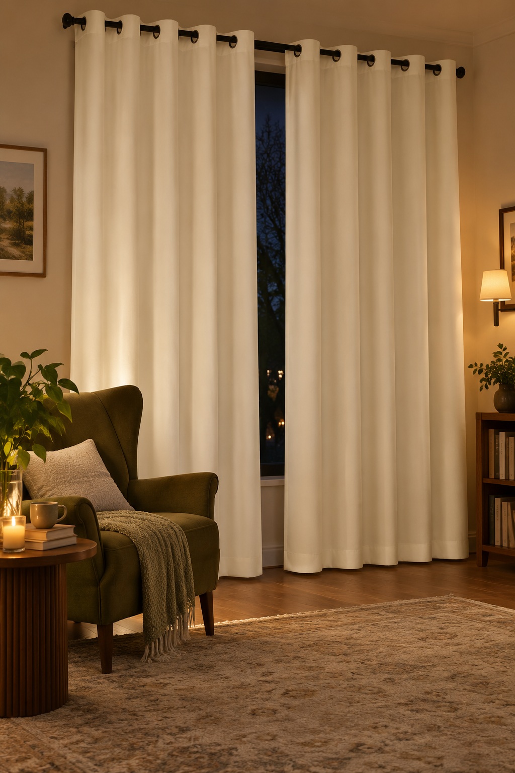 Cremefarbene blickdichte Vorhänge an einem Fenster neben einem abendlichen Lesesessel