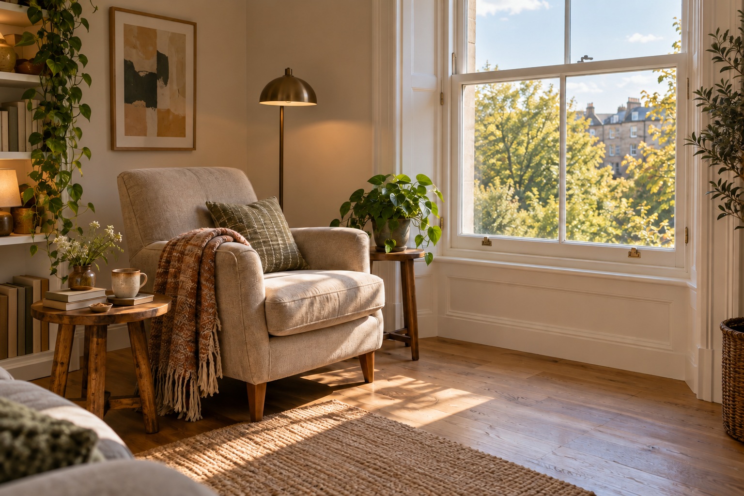 Sitzplatz am Fenster mit warmem Tageslicht und wohnlichen Möbeln