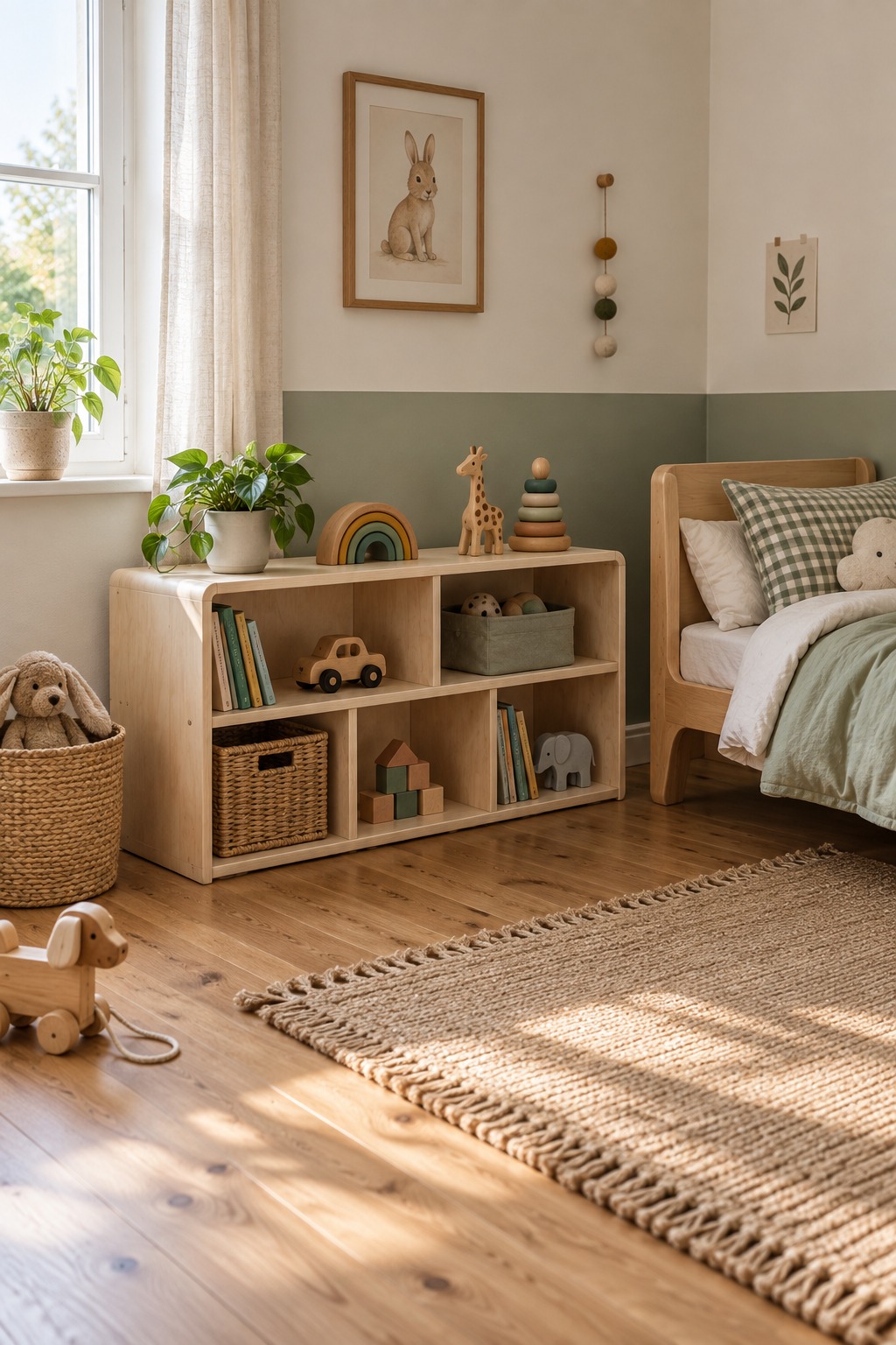 Niedriges Holzregal mit fünf offenen Spielzeugfächern im kleinen Kinderzimmer