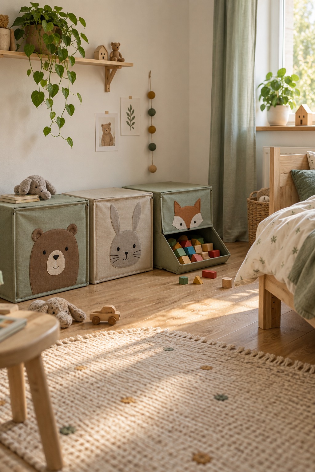 Drei Stoffboxen mit Frontklappen und großen Bausteinen an einer freien Wand