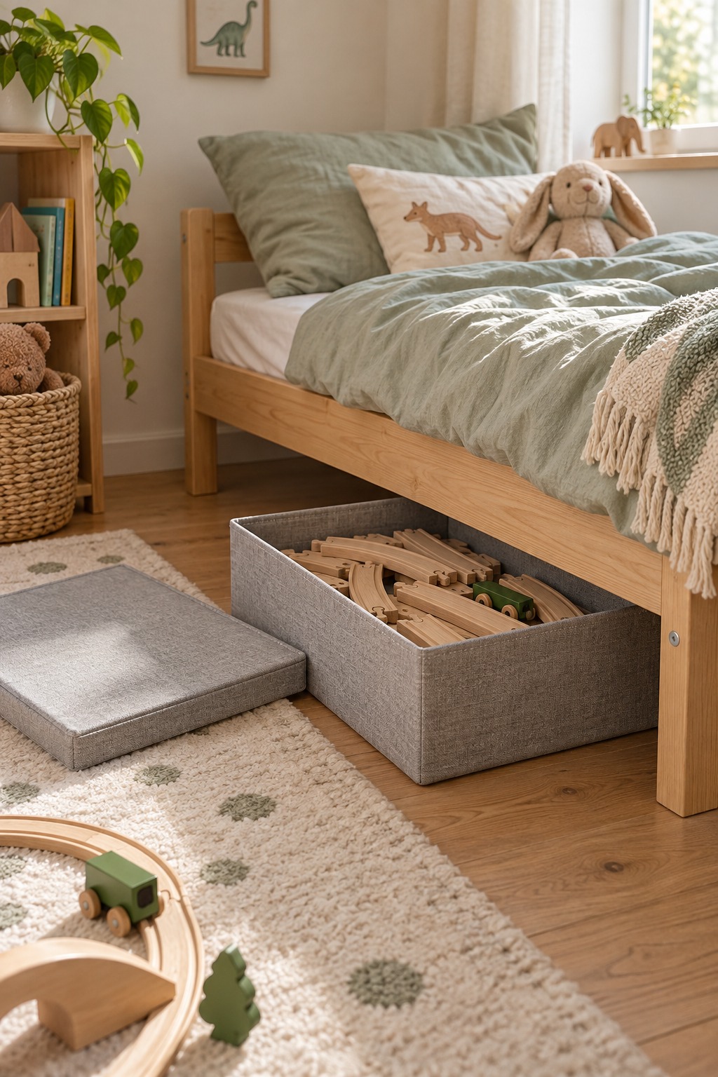Flache graue Stoffbox mit Holzschienen unter einem Kinderbett