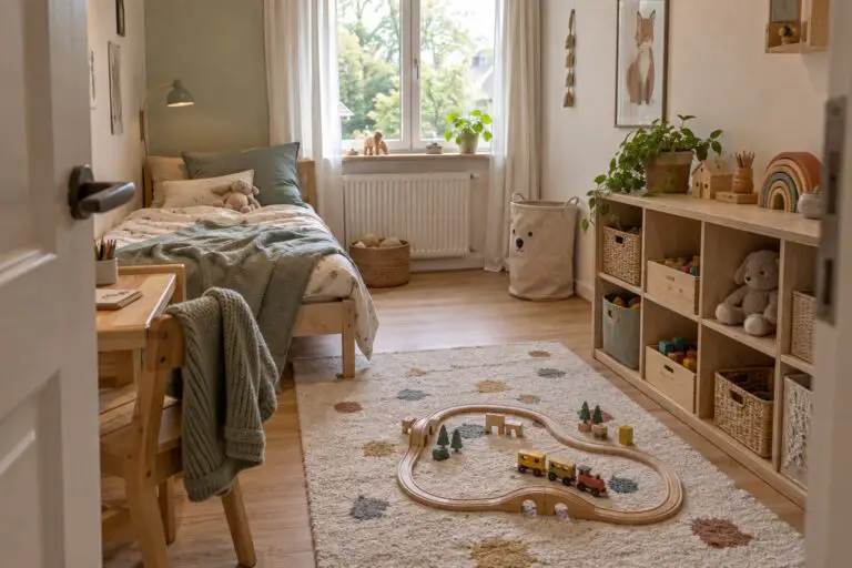 Kleines bewohntes Kinderzimmer mit niedrigem Spielzeugregal, Bett und freier Spielfläche