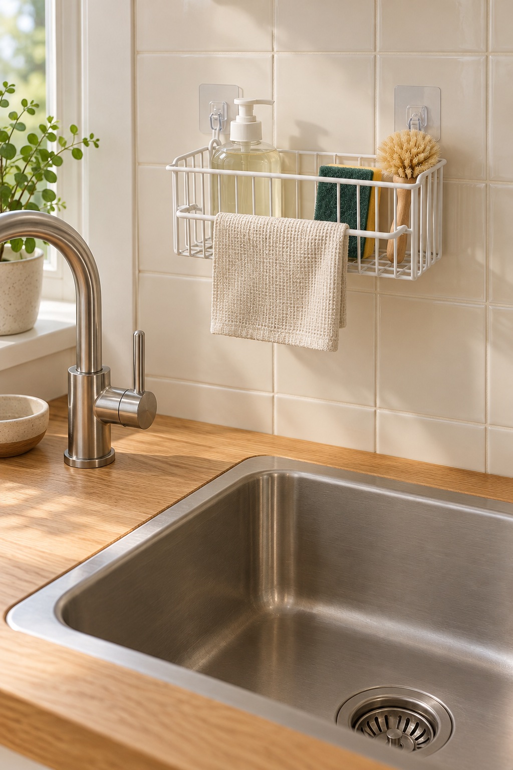 Weißer Wandkorb mit Spültuchhalter über dem Becken