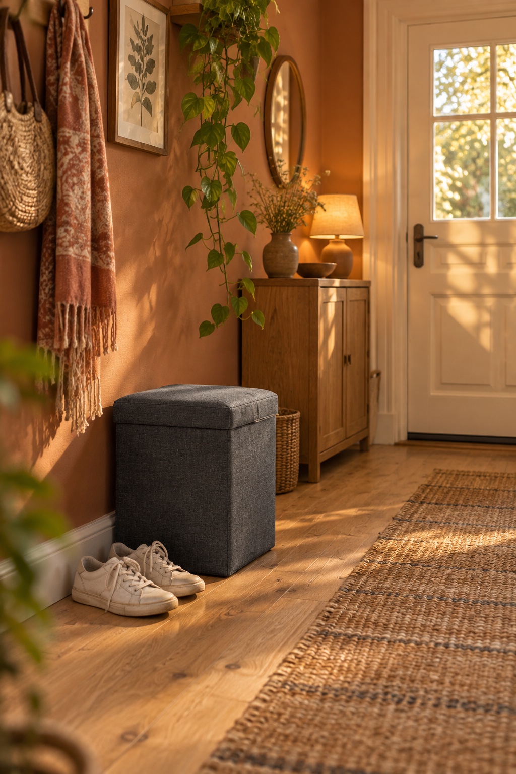 Kleiner dunkelgrauer Stauraumhocker in einem gemütlichen Boho-Flur