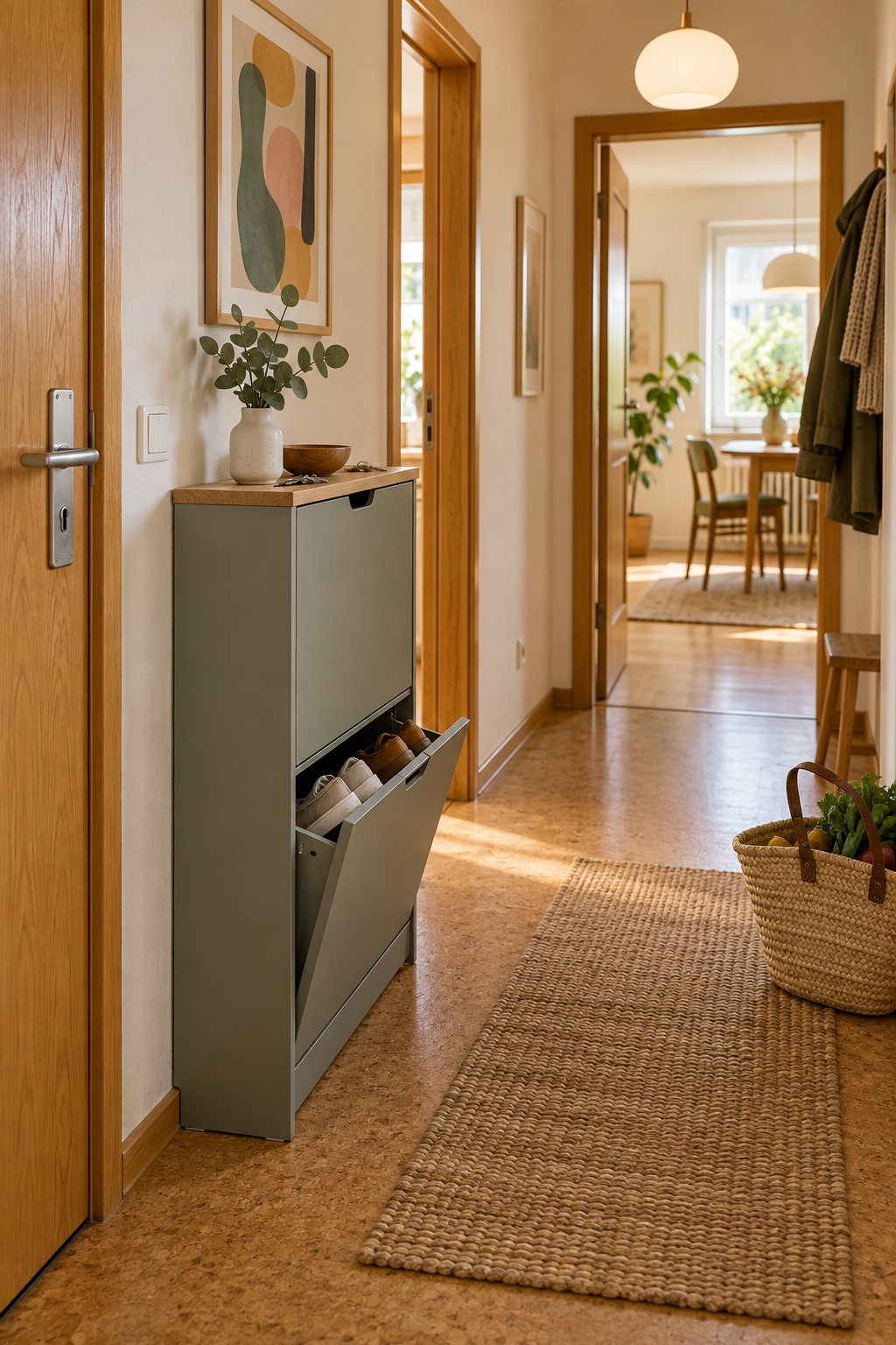 Schmaler taupegrüner Schuhschrank mit zwei Klappen und geringer Tiefe im Flur