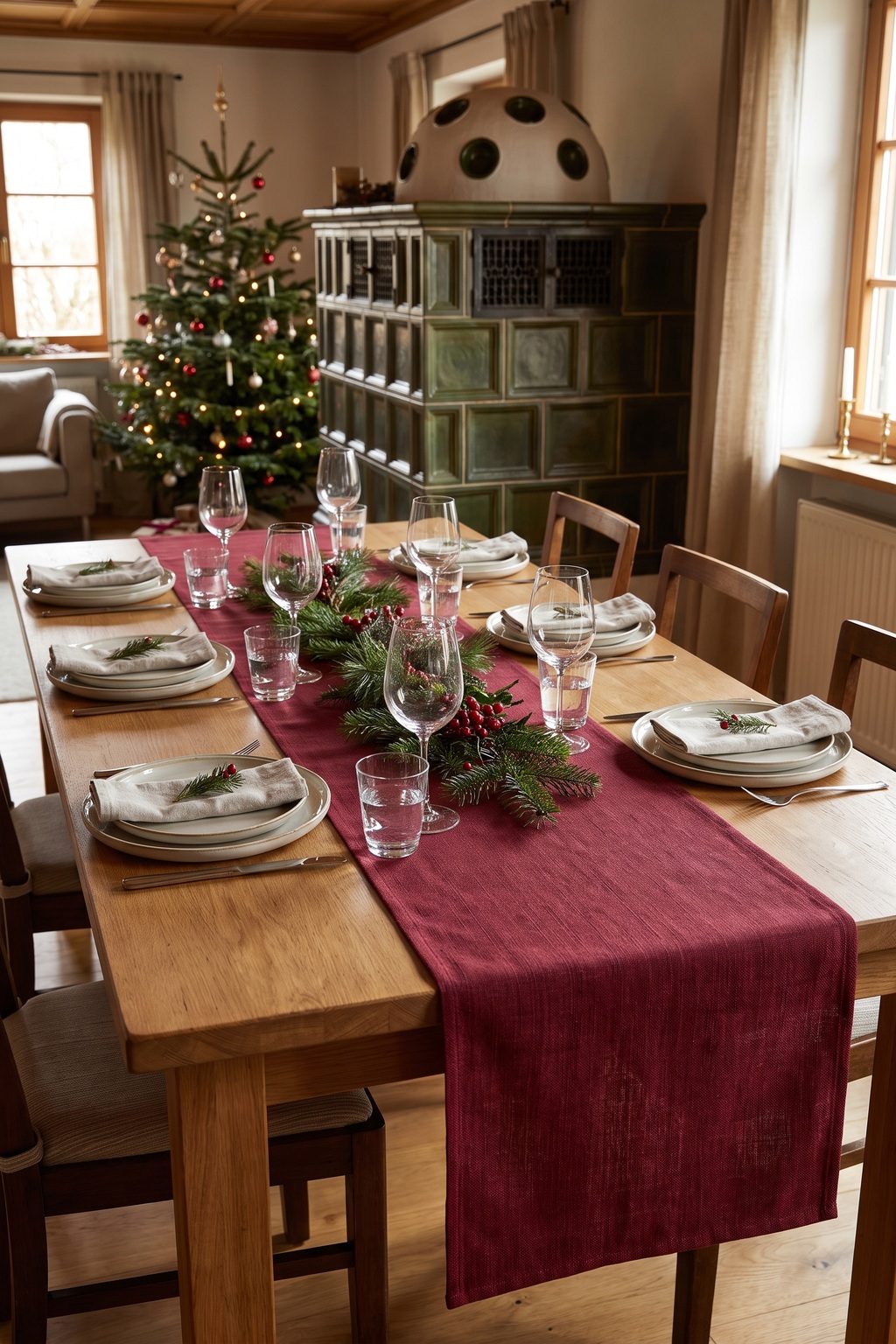 Schmaler bordeauxroter Tischläufer auf einer gedeckten Weihnachtstafel