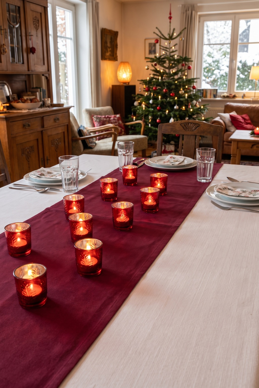 Rote Teelichtgläser in gleichmäßigen Abständen auf einer weihnachtlichen Tafel