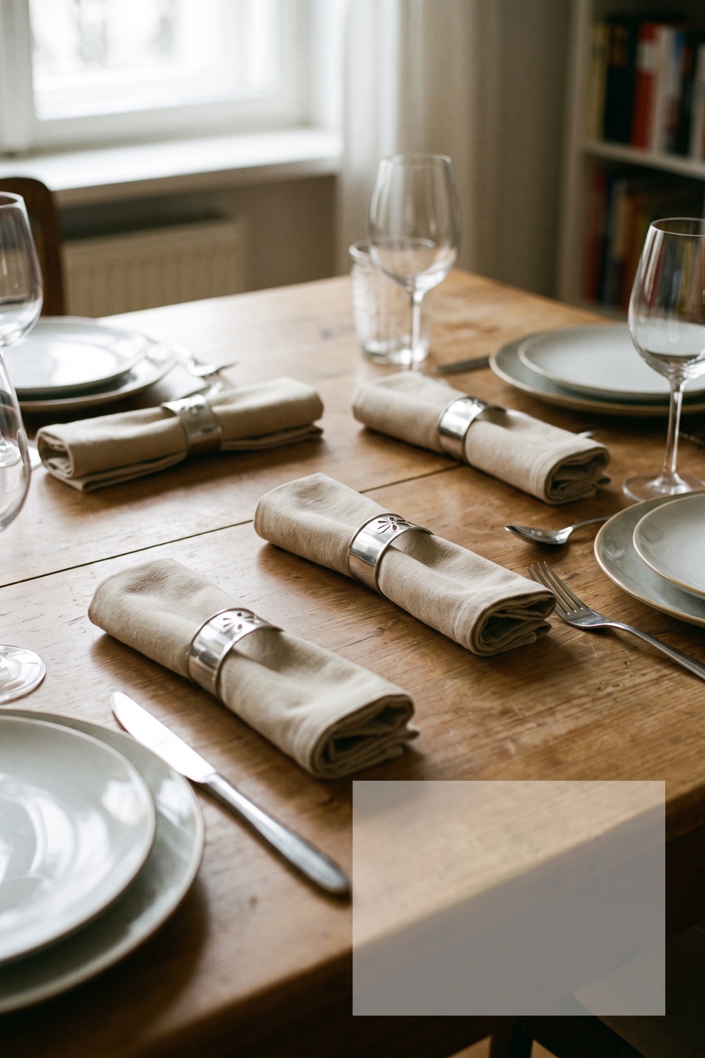 Beige Stoffservietten mit schlichten silberfarbenen Ringen auf weißen Tellern