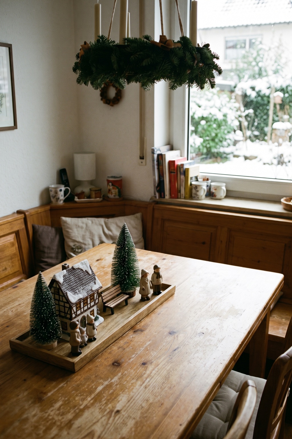 Kleine weihnachtliche Miniaturszene mit Bäumen, Haus und Bank auf einem Tablett