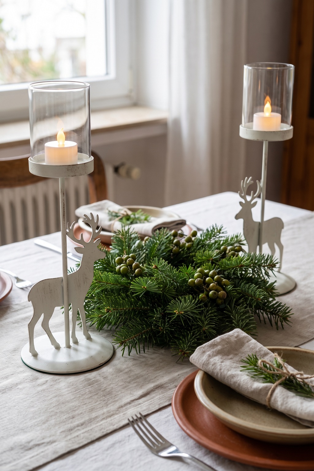 Zwei weiße Metall-Kerzenhalter mit Hirschsilhouette und Glaseinsatz auf der Weihnachtstafel
