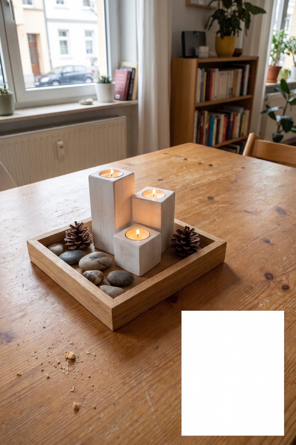 Drei kleine Holz-Kerzenhalter in unterschiedlichen Höhen auf einem kompakten Tablett