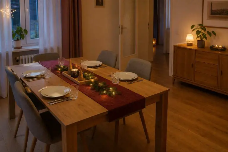 Weihnachtlich gedeckte deutsche Esstafel mit bordeauxrotem Läufer, warmem Licht und freien Sitzplätzen
