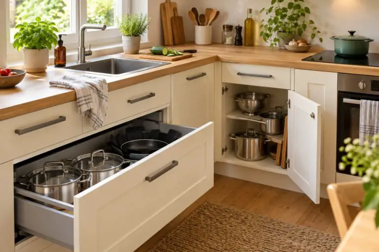 Kleine Küche mit geordneten Töpfen und Pfannen in Schublade und Schrank