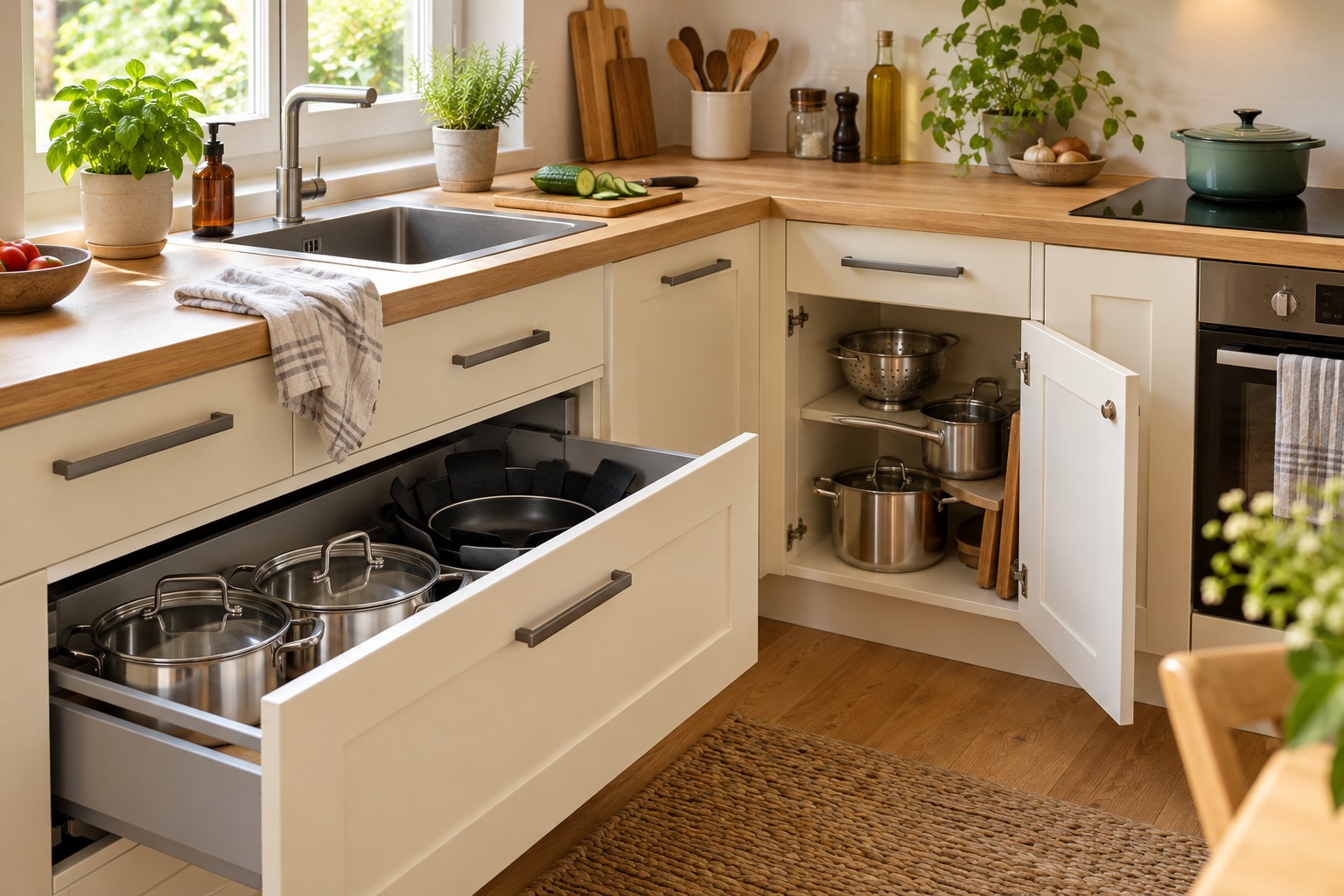 Kleine Küche mit geordneten Töpfen und Pfannen in Schublade und Schrank