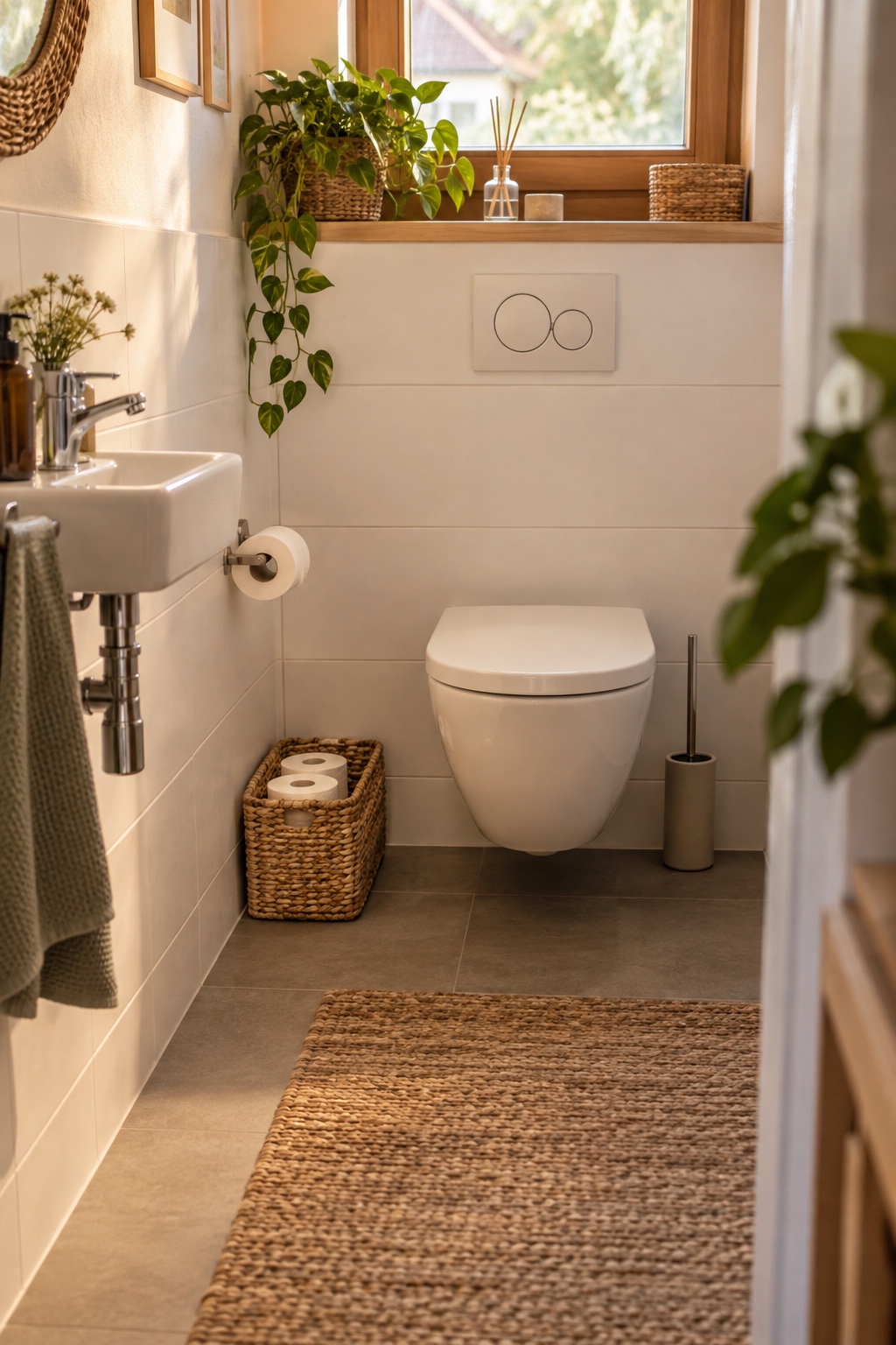 lege zwei Ersatzrollen in einen offenen Naturkorb in kleines bewohntes deutsches Badezimmer mit klar getrenntem trockenem WC-Bereich, ohne Dusche im Bild