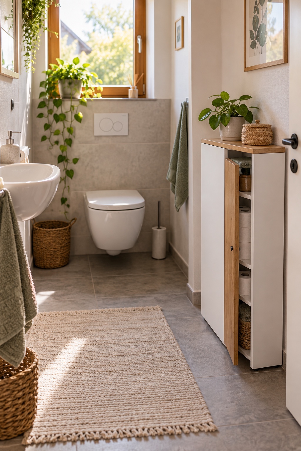 nutze einen schmalen Badschrank als ruhige Reserve in kleines bewohntes deutsches Badezimmer mit klar getrenntem trockenem WC-Bereich, ohne Dusche im Bild