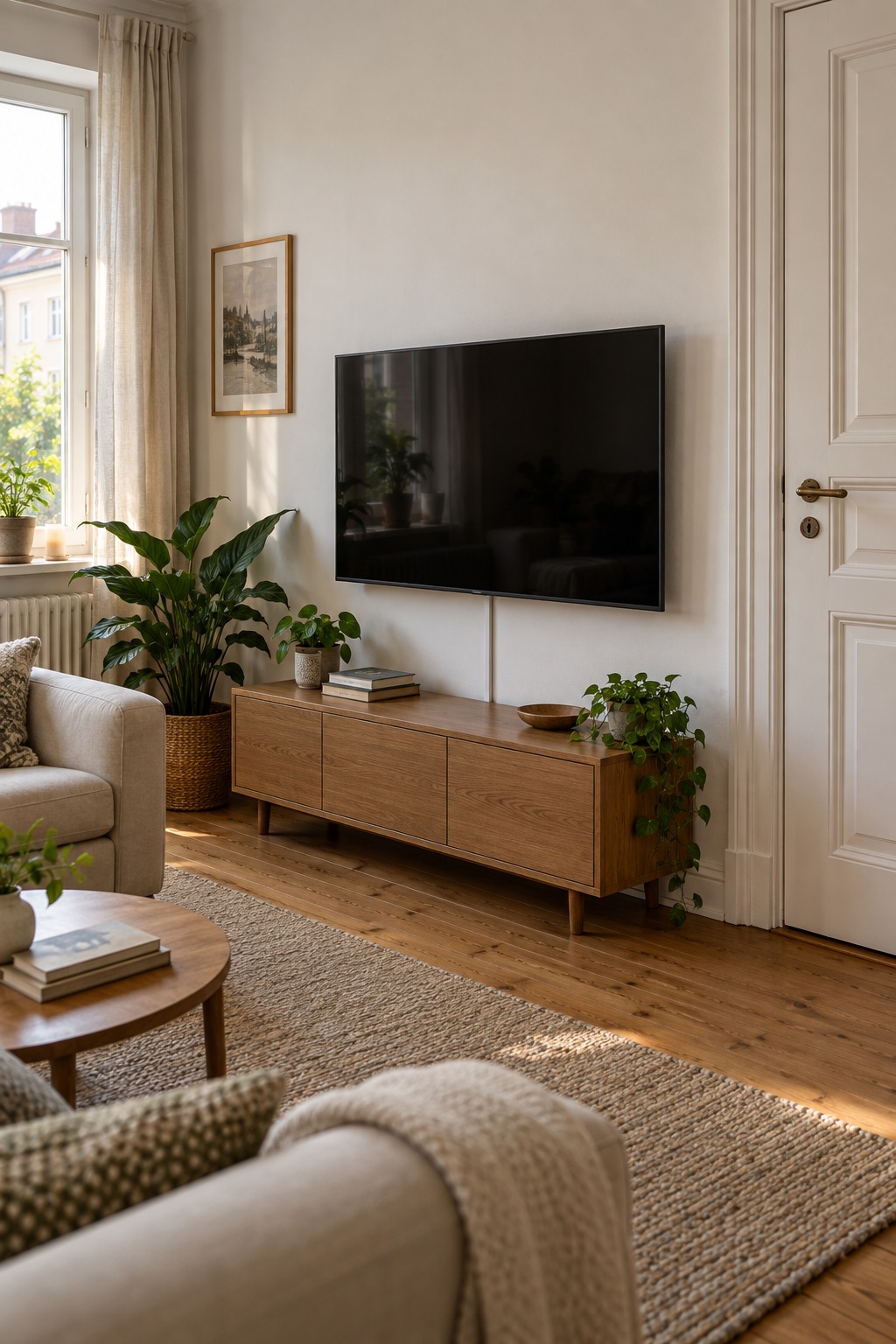 Flach montierter Fernseher über einem niedrigen Holzboard in einem kleinen Wohnzimmer