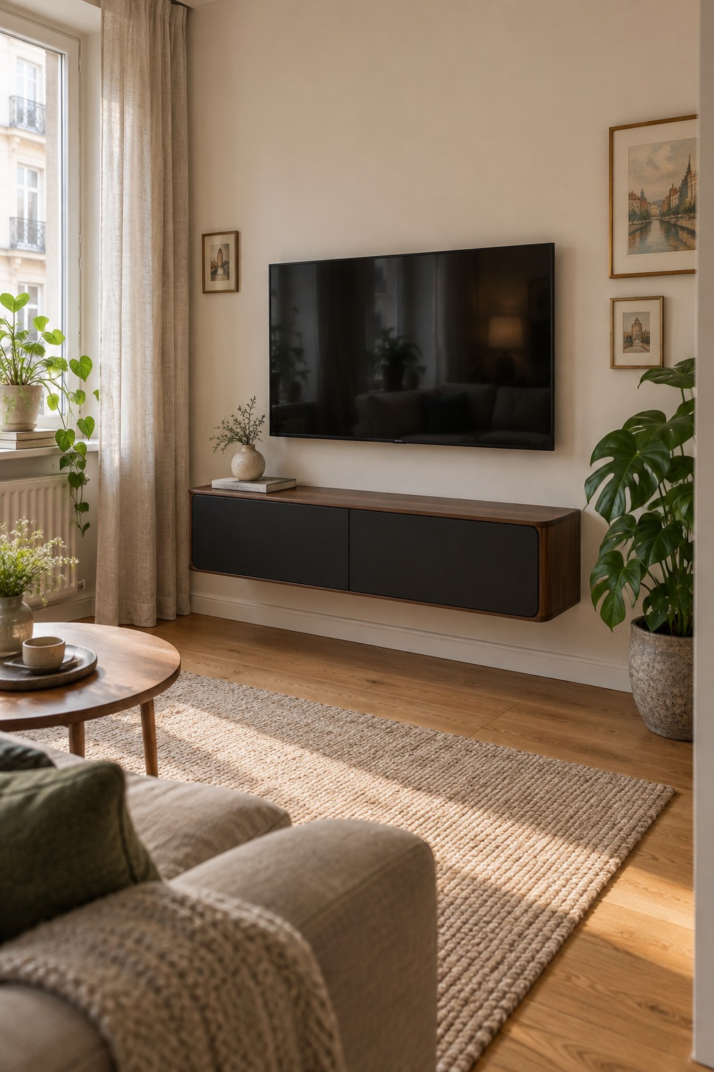 Schwebendes Lowboard mit dunkler Holzoptik und schwarzen Fronten unter einer TV-Wand
